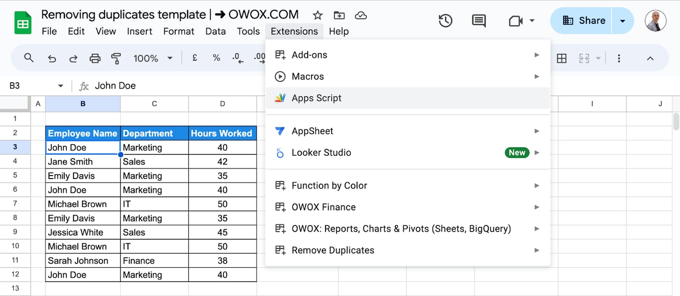 Google Apps Script editor with custom script written to remove duplicates in Google Sheets. i-border