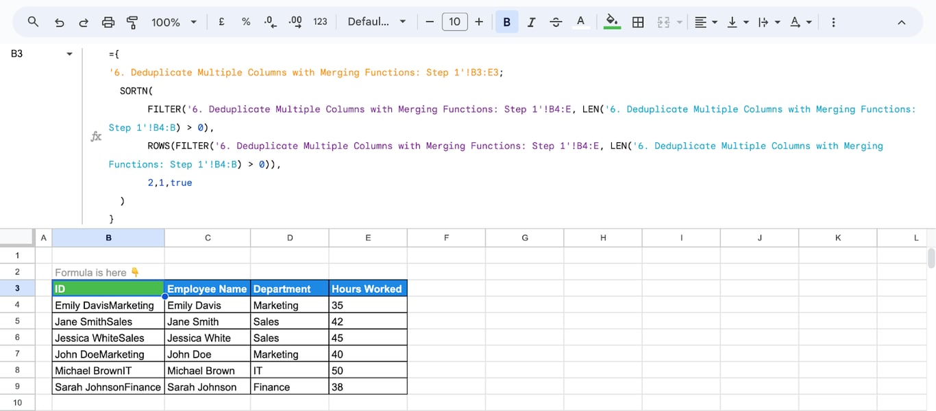 Google Sheets showing final data after deduplicating multiple columns using merging functions. i-border