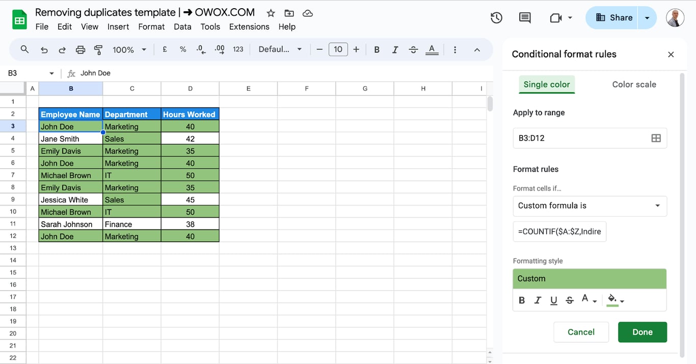 Cleaned data in Google Sheets after using COUNTIF and conditional formatting to remove duplicates. i-border