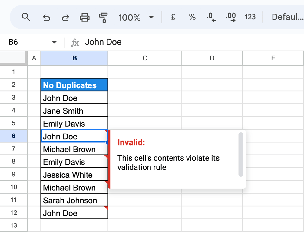 Data validation error message in Google Sheets when a duplicate entry is attempted. i-border