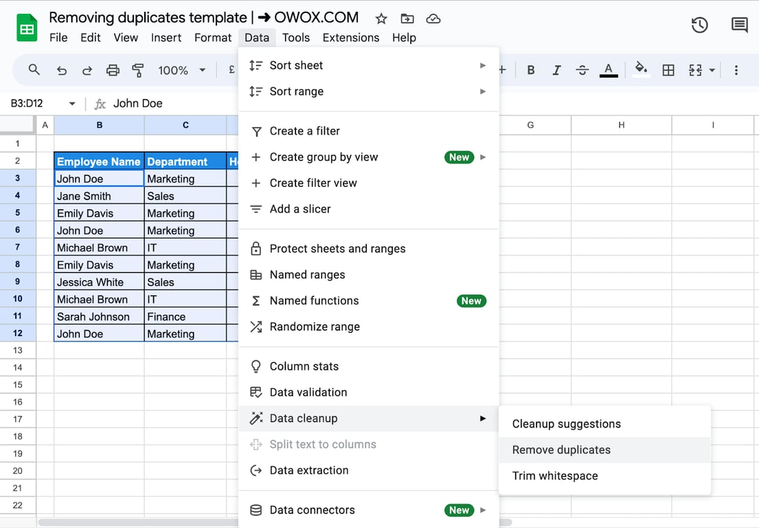 Google Sheets showing duplicate rows being highlighted and removed using the built-in cleanup tool. i-border