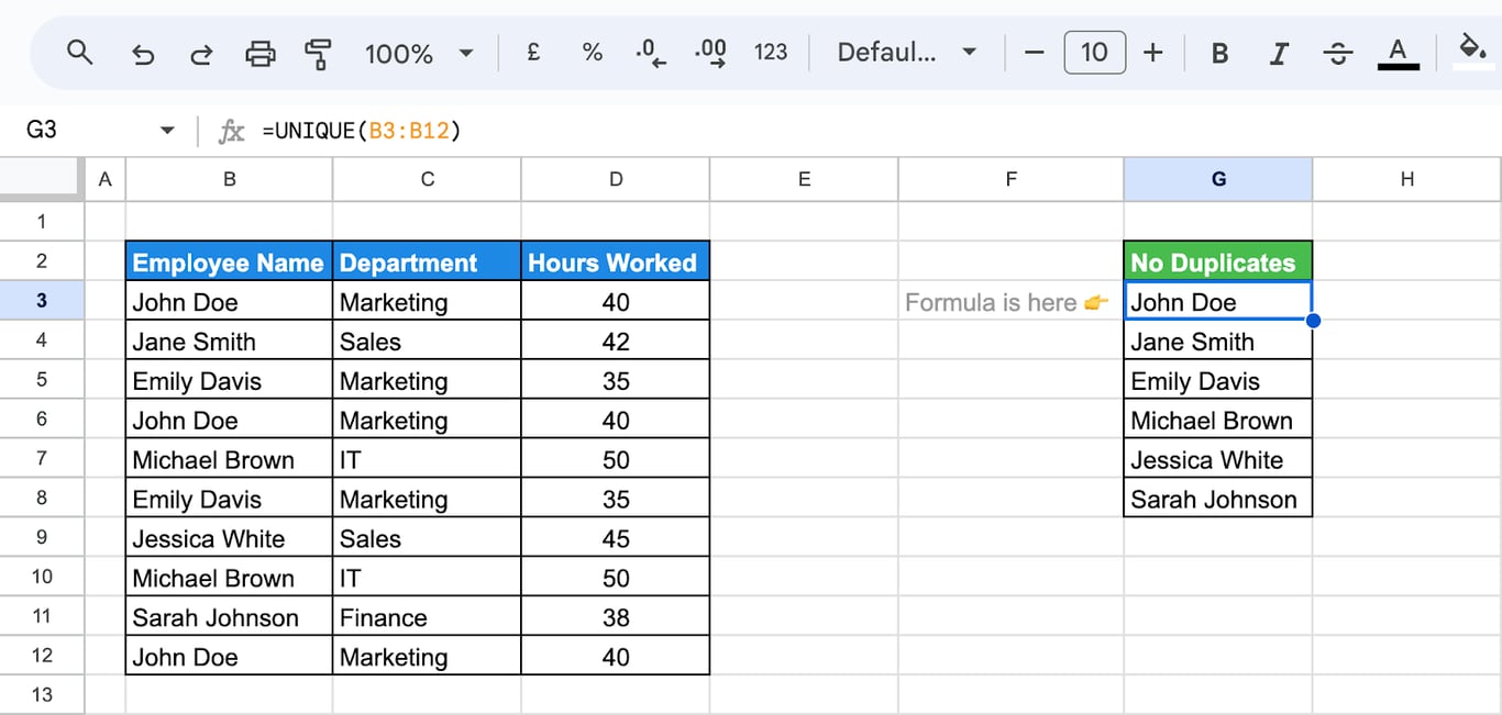 Google Sheets formula using UNIQUE function to list only distinct values from a dataset. i-border