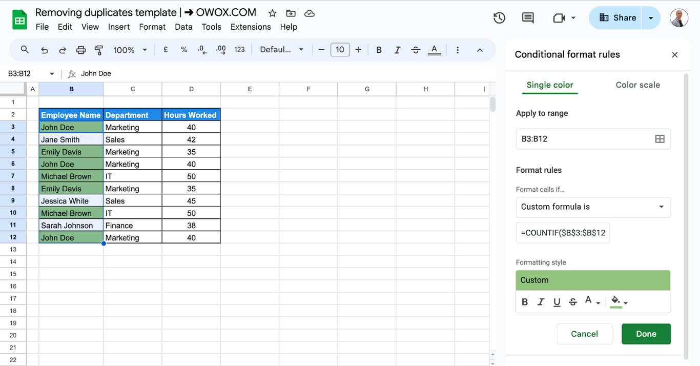 Conditional formatting applied in Google Sheets to highlight duplicate rows for easier removal. i-border