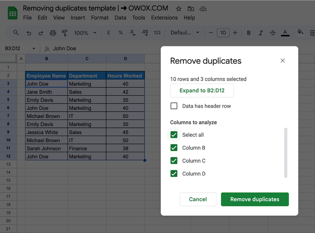 Selection of the Remove Duplicates option in Google Sheets for duplicate row cleanup. i-border