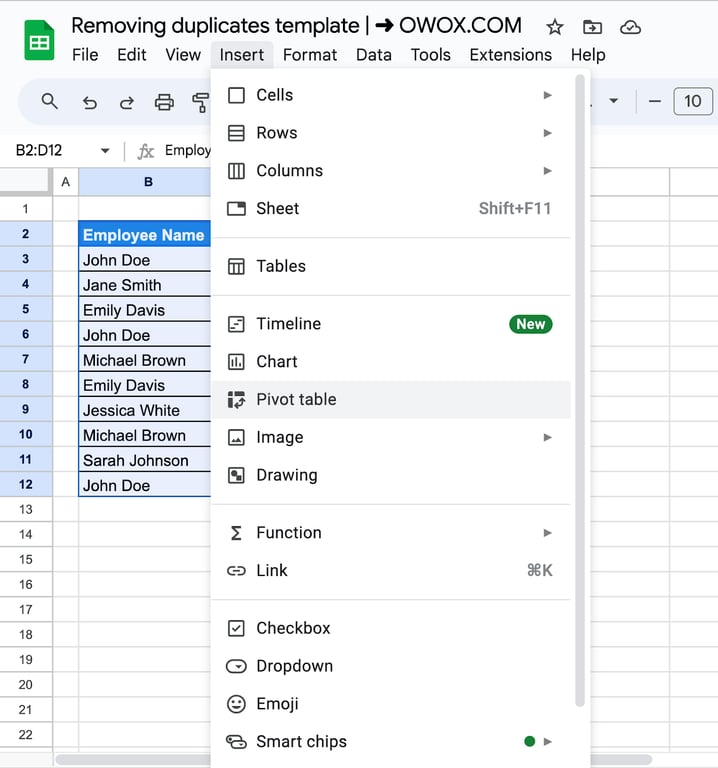 Google Sheets pivot table setup highlighting unique data grouping to identify duplicates. i-border