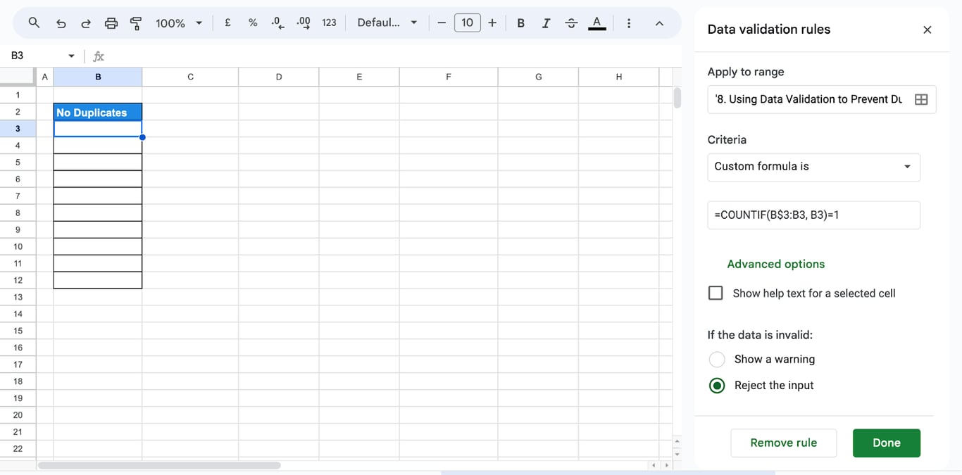 Google Sheets with data validation applied to prevent duplicates in a dataset. i-border
