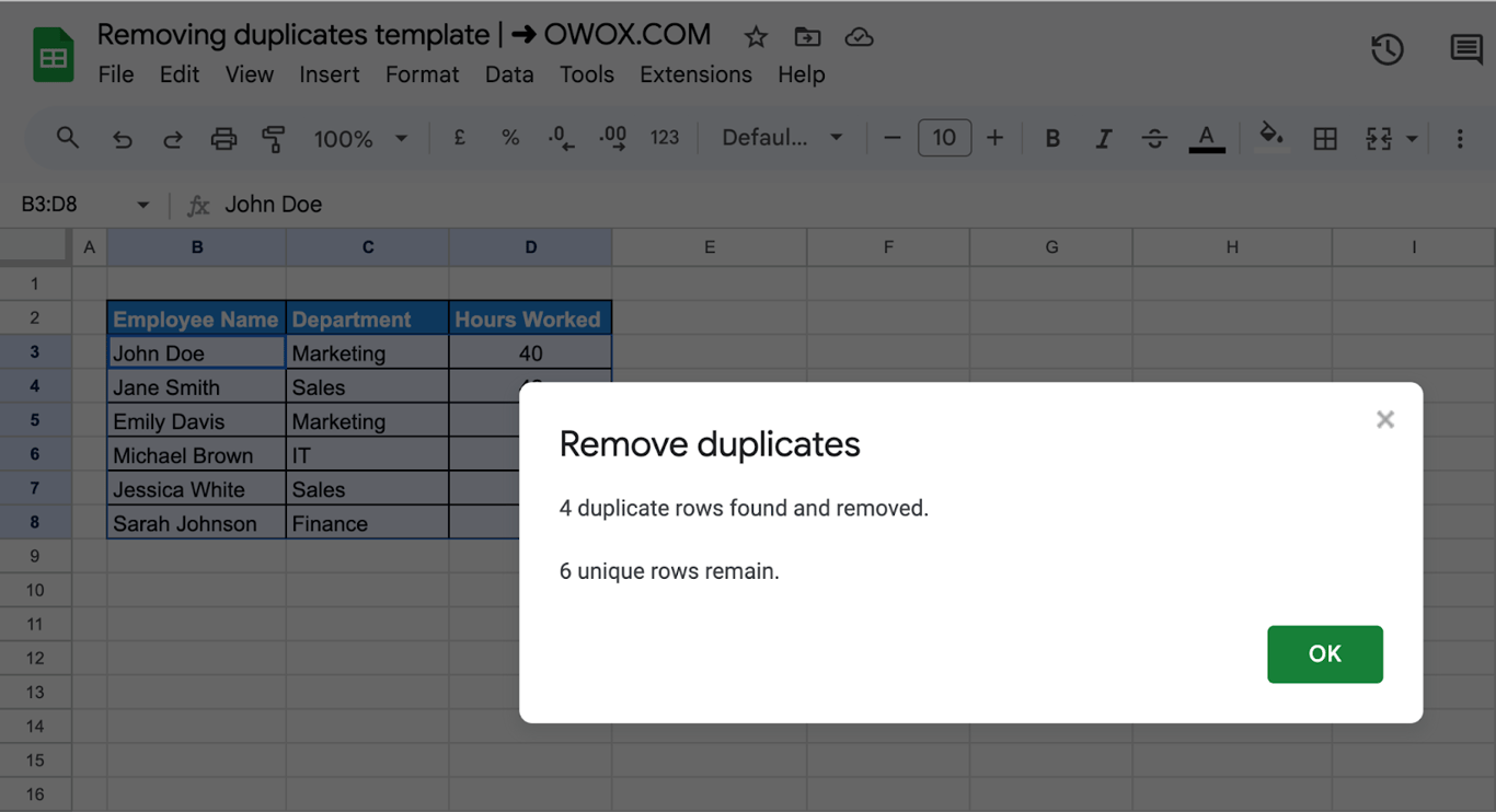 Google Sheets displaying the final data after duplicates have been removed using the cleanup tool. i-border