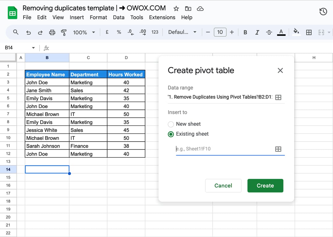 Adding the data range to the pivot table in Google Sheets to sort and analyze duplicate values. i-border