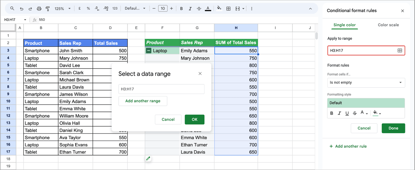 Conditional formatting settings open with a selected data range in a pivot table column. i-border