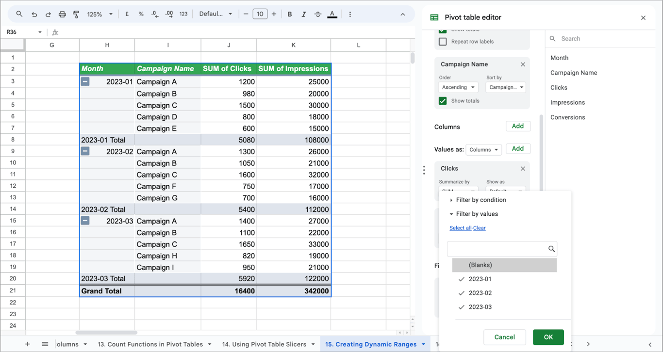 Pivot table showing filtered campaign data by month with selected values in the filter menu. i-border