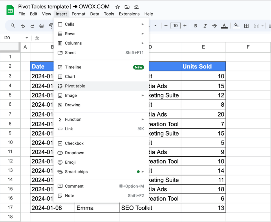 Google Sheets menu with the Insert tab open and Pivot table option highlighted, showing how to start creating a pivot table. i-border