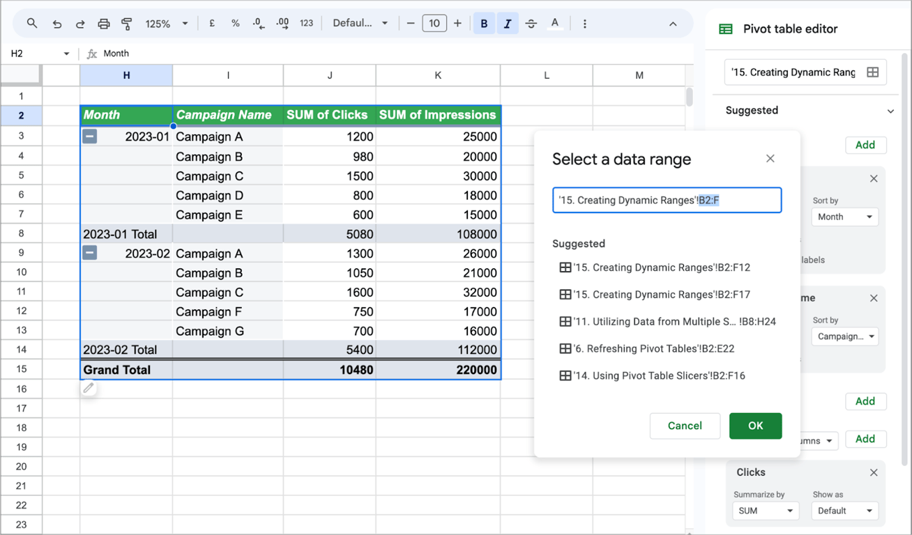 Pivot table editor in Google Sheets showing a pop-up to select a dynamic data range from a worksheet. i-border