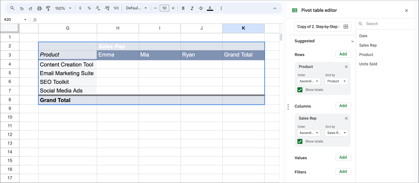 A blank pivot table layout in Google Sheets with columns, rows, and values sections, ready for configuration using the Pivot Table Editor. i-border
