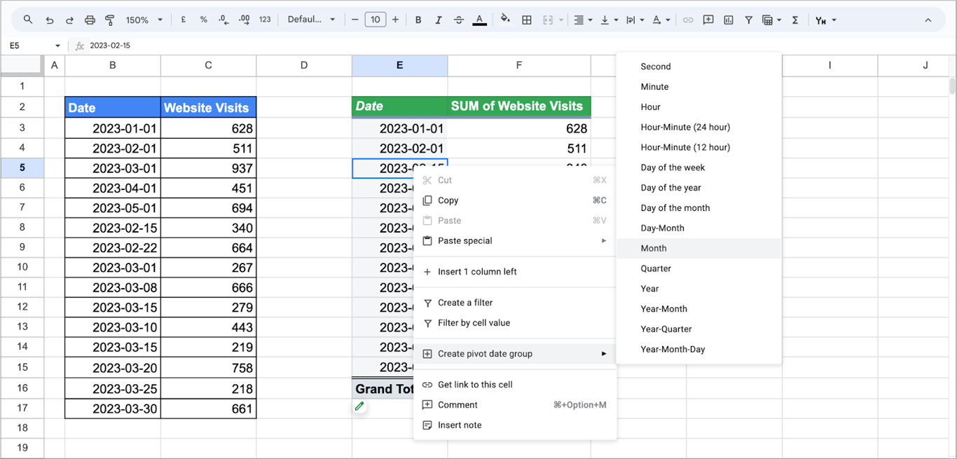 User right-clicks a date cell in the pivot table and selects the “Create pivot date group” option, choosing to group by “Month.’ i-border