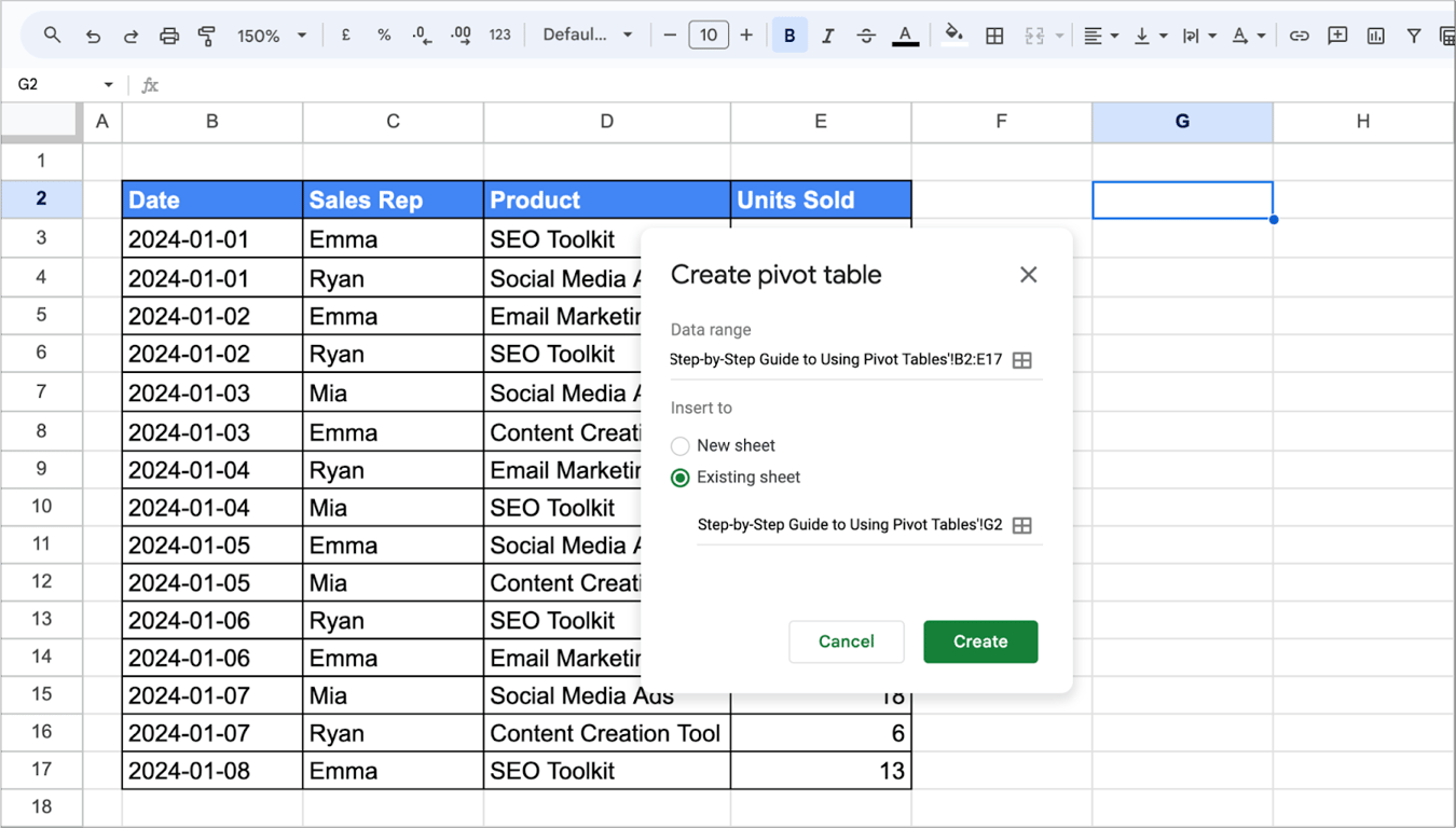A pop-up window in Google Sheets showing the ‘Create pivot table’ dialog with options to insert the pivot table into a new or existing sheet. i-border