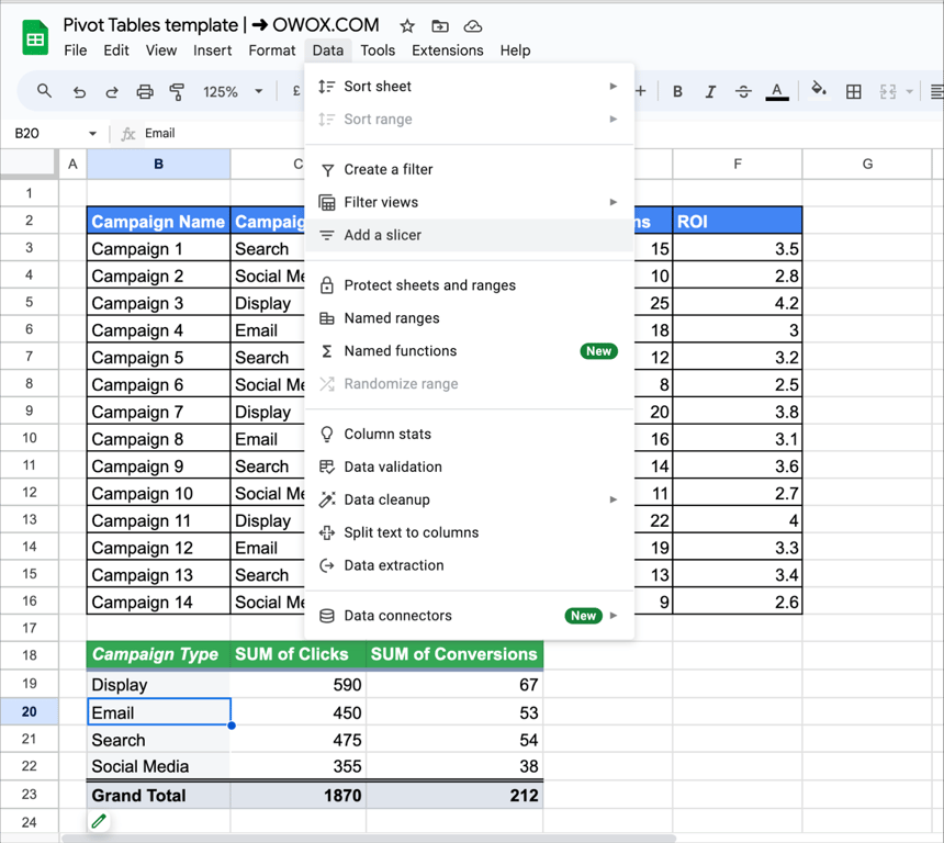 Google Sheets interface showing the “Add a slicer” option selected from the Data menu to filter pivot table data. i-border