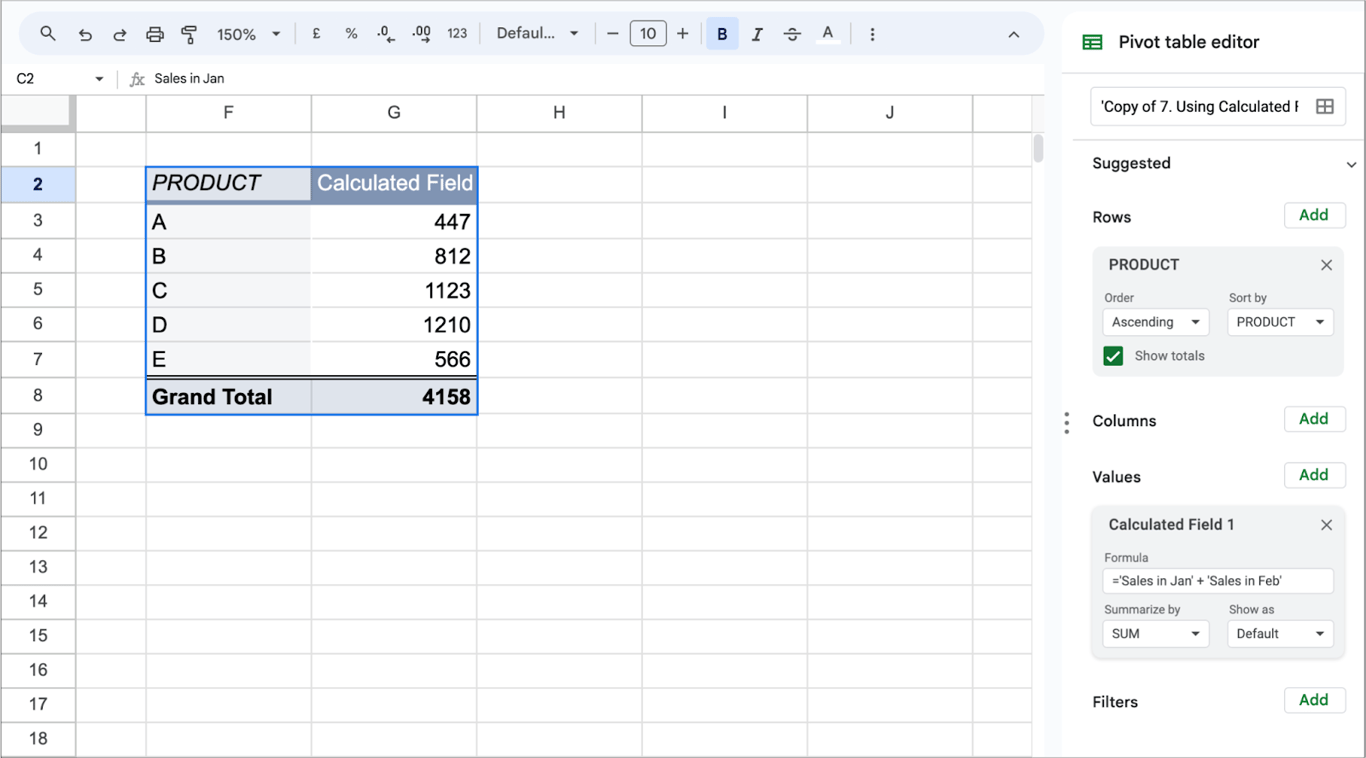 Pivot table in Google Sheets displaying a calculated field that sums January and February sales for each product, along with a Grand Total. i-border