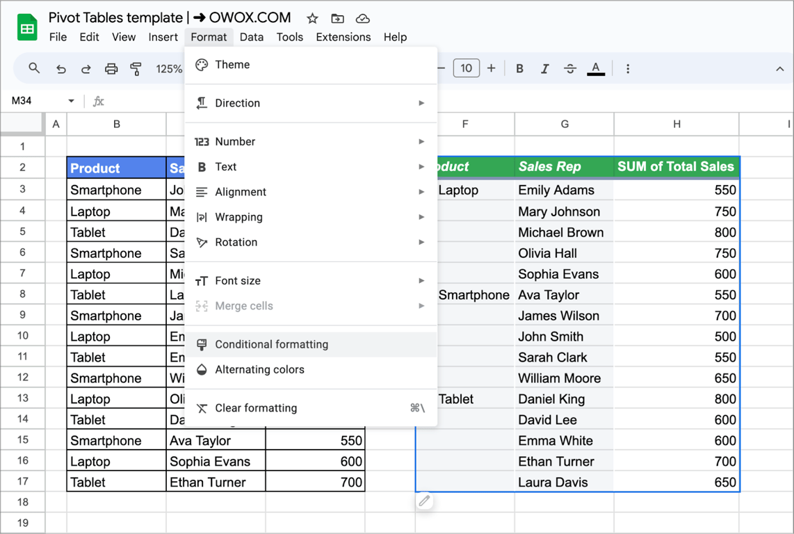 Format menu opened in a spreadsheet while using pivot table with ‘Conditional formatting’ highlighted. i-border
