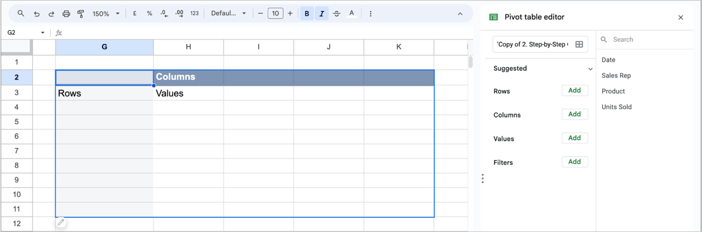 A partially filled pivot table in Google Sheets. i-border