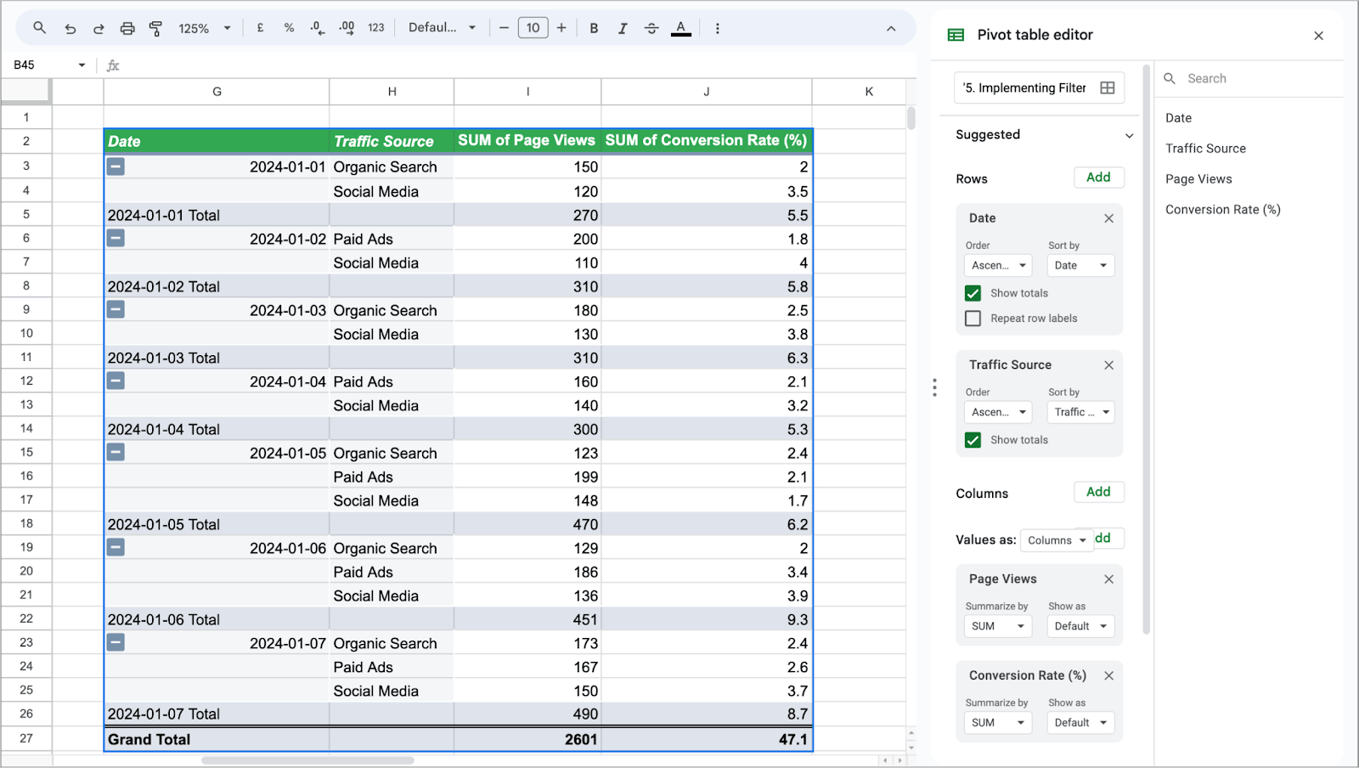 Pivot table grouped by Date and Traffic Source showing the SUM of Page Views and Conversion Rates with expandable row totals. i-border