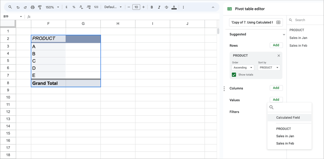 Pivot table in Google Sheets showing product names as rows, but no data values added yet. i-border