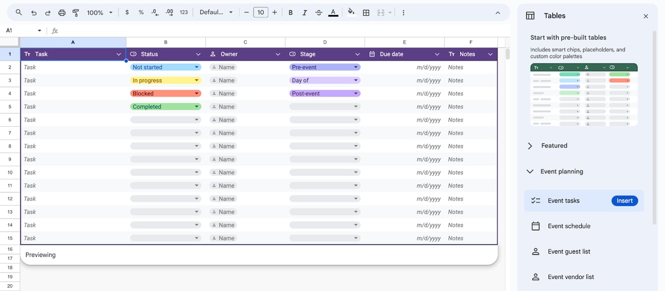 Event planning template in Google Sheets, showcasing how to organize and track event details. i-border