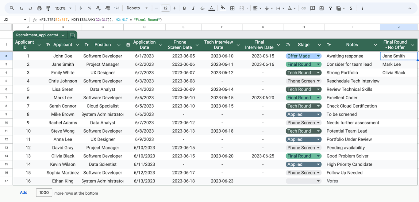 Recruitment tracking with Google Sheets tables, organizing job openings and interview details. i-border