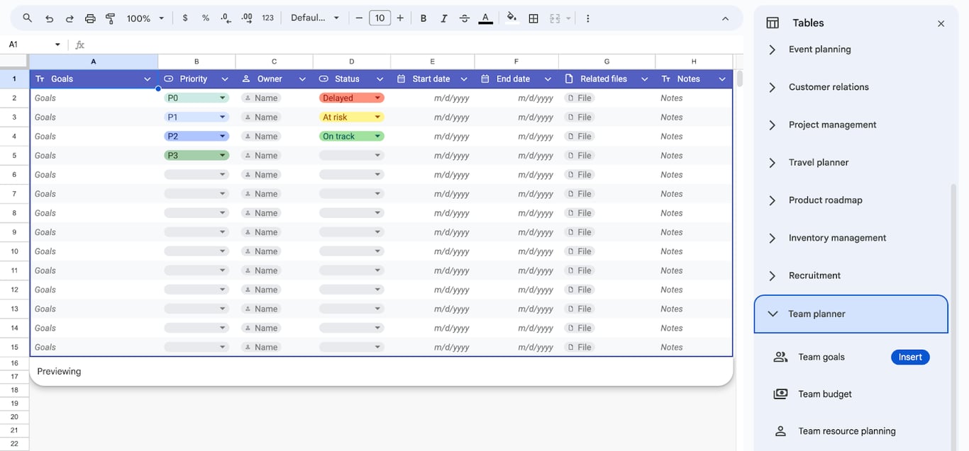 Team planner in Google Sheets, used for tracking team schedules and responsibilities. i-border