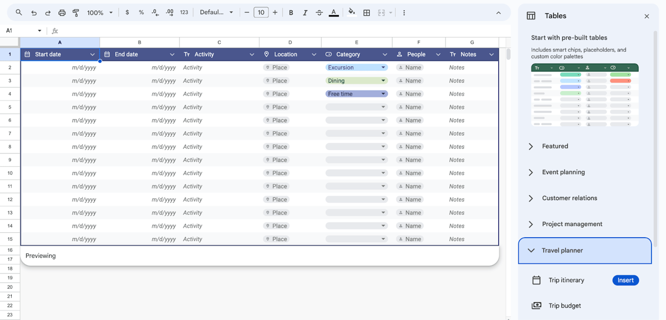 Travel planner in Google Sheets, designed to organize itineraries and expenses. i-border