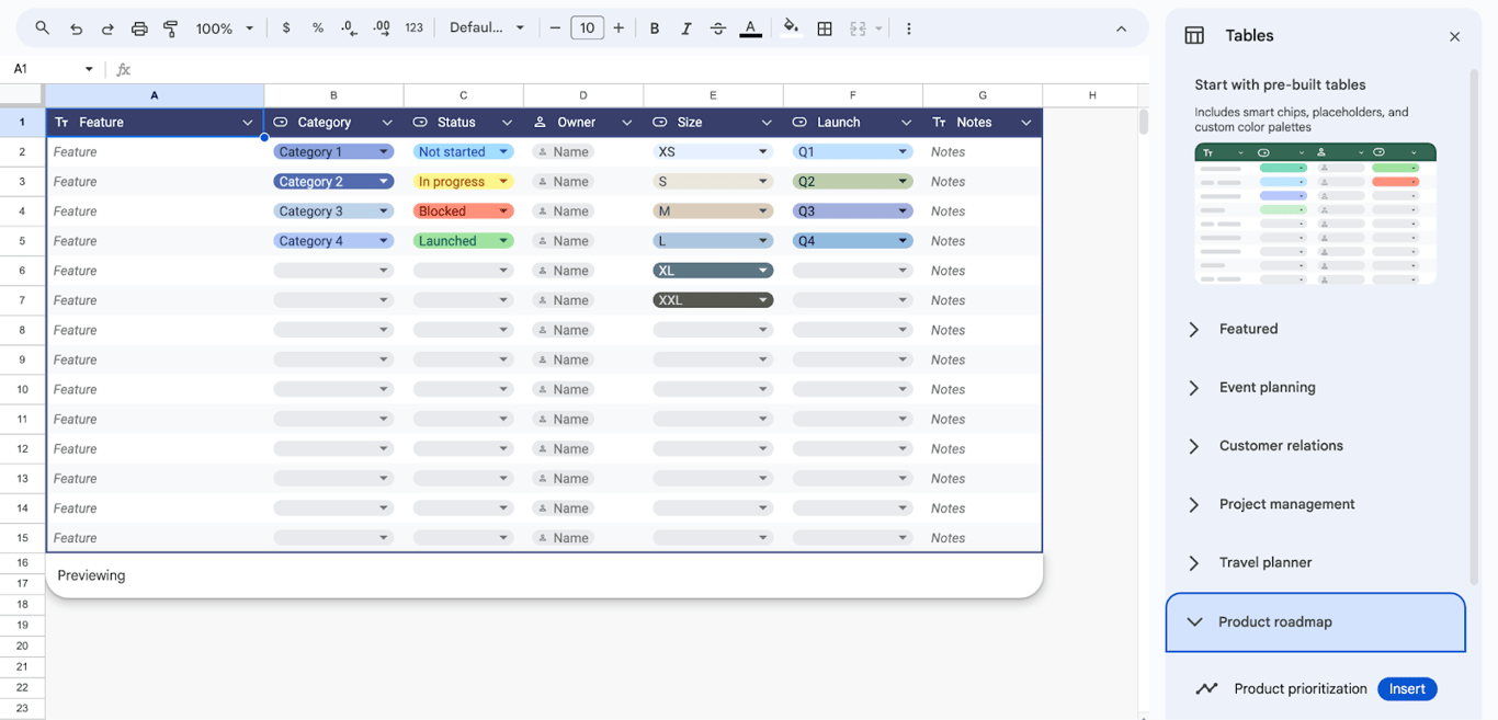 Product roadmap table in Google Sheets, outlining product timelines and milestones. i-border