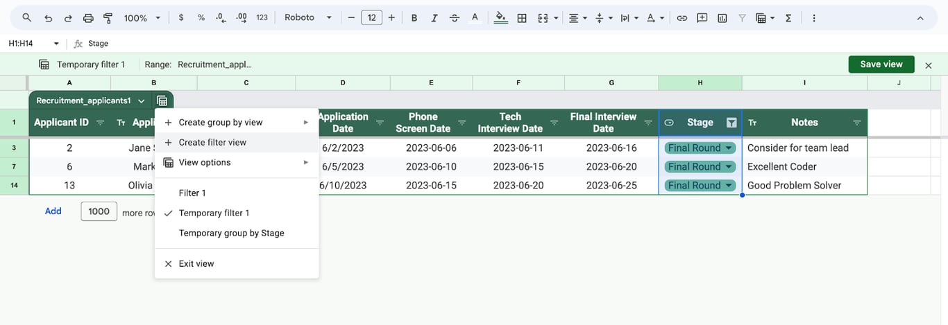 Integrated filtering and sorting options in Google Sheets tables, enhancing data analysis. i-border