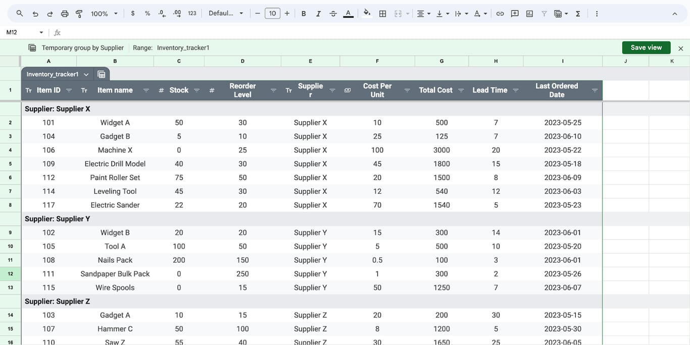 Streamlined inventory management in Google Sheets, providing detailed tracking. i-border
