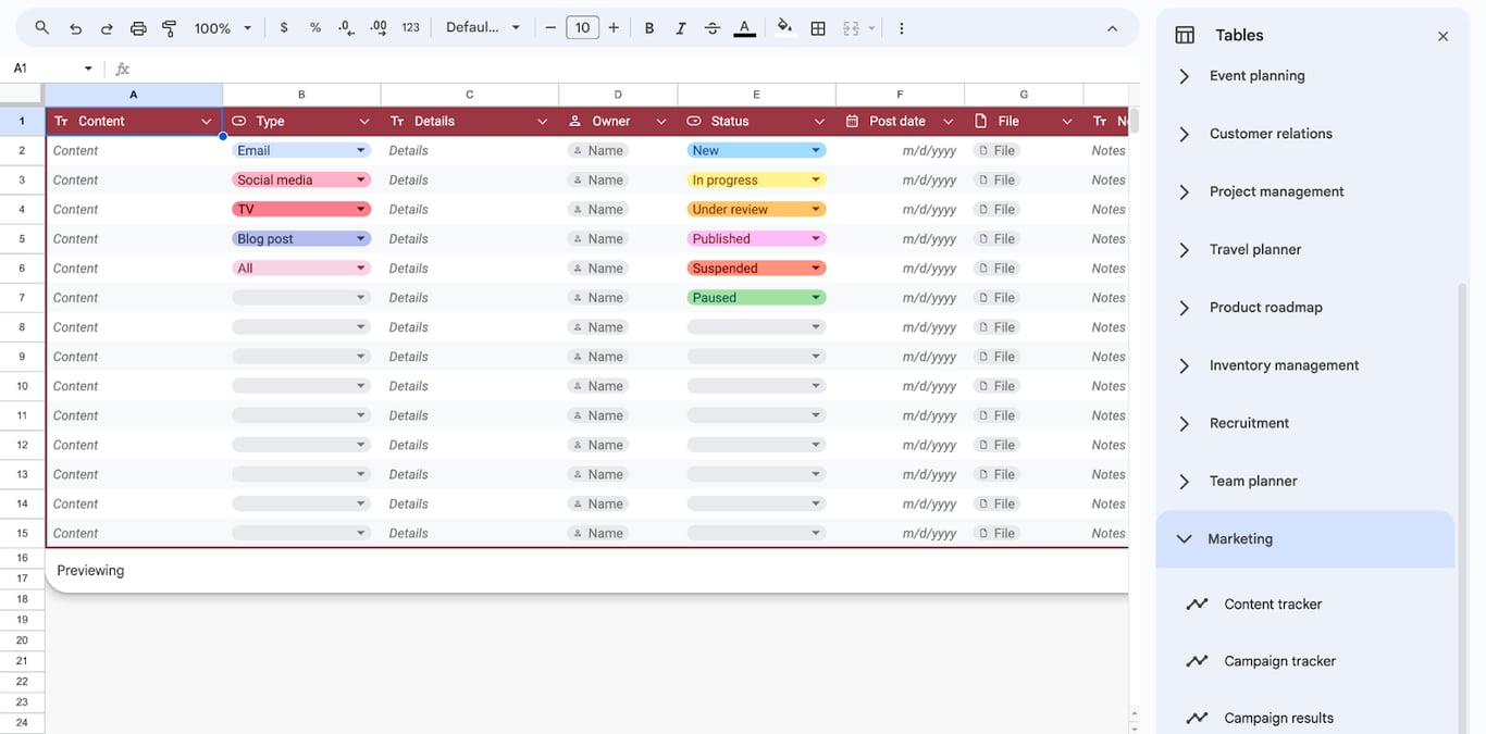 Marketing campaign tracking table in Google Sheets, helping manage campaign details and results. i-border
