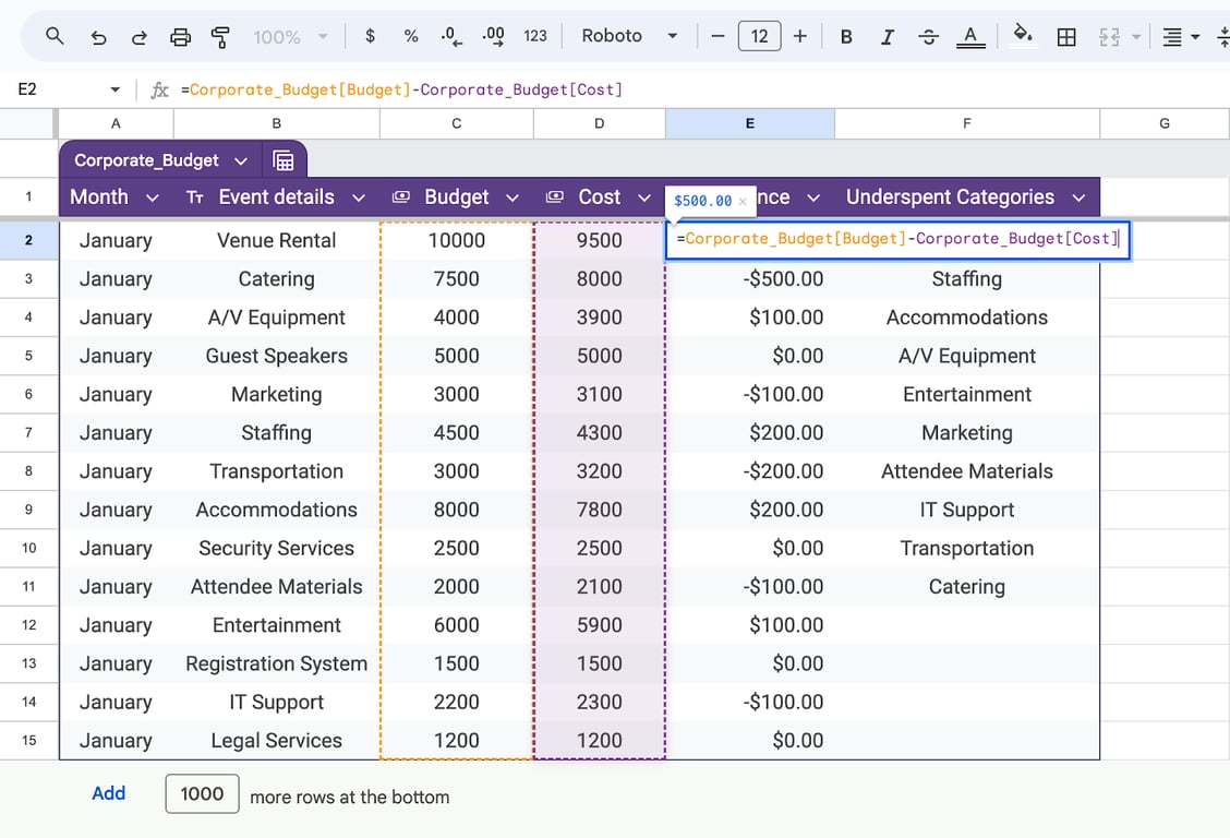 Table and column name referencing in Google Sheets formulas, improving formula clarity and use. i-border