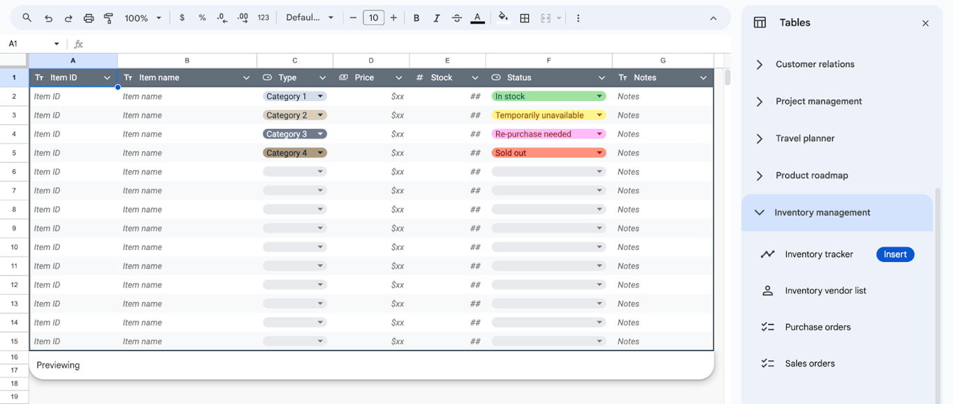 Inventory management in Google Sheets, showcasing data tracking for stock and supply levels. i-border