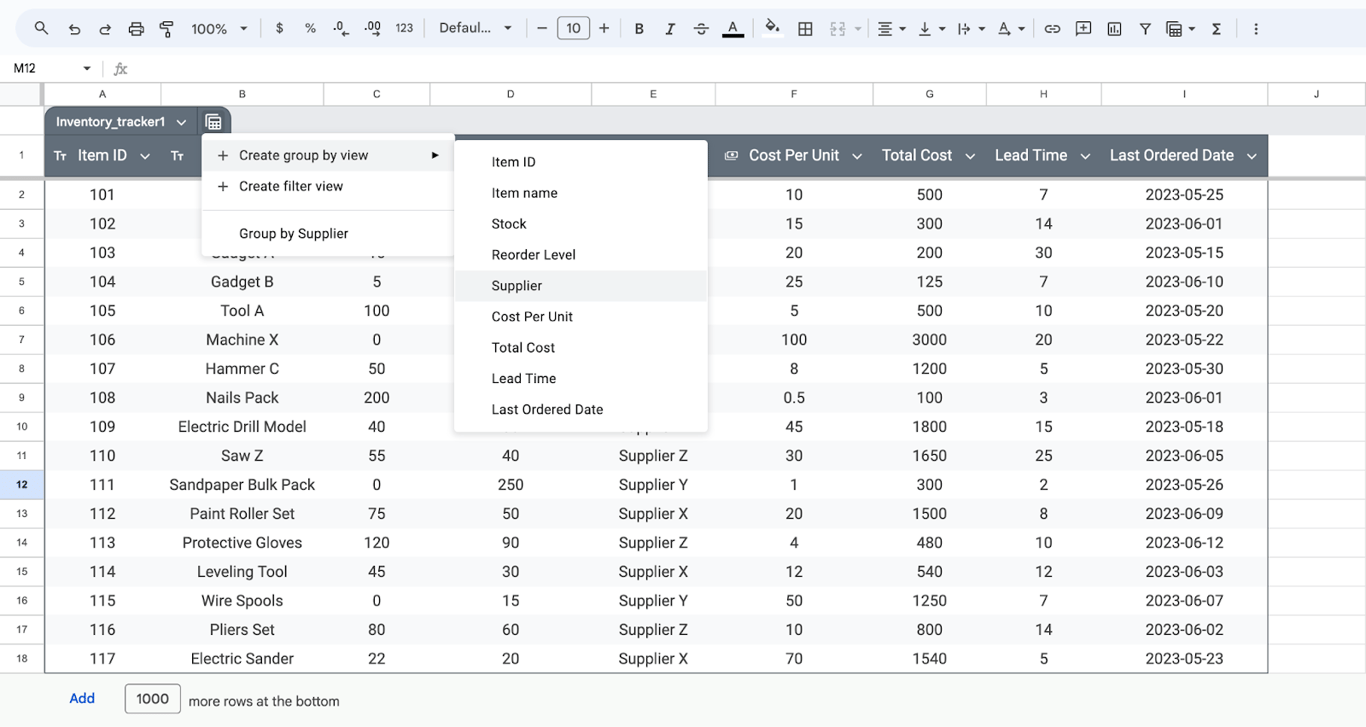 Inventory tracking with advanced filters in Google Sheets, showcasing supply chain data analysis. i-border