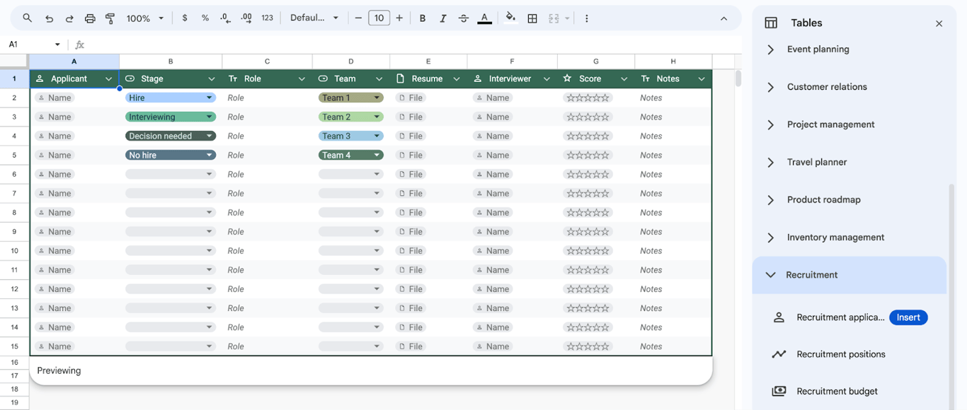 HR and recruitment table in Google Sheets, organizing candidate and job position data. i-border