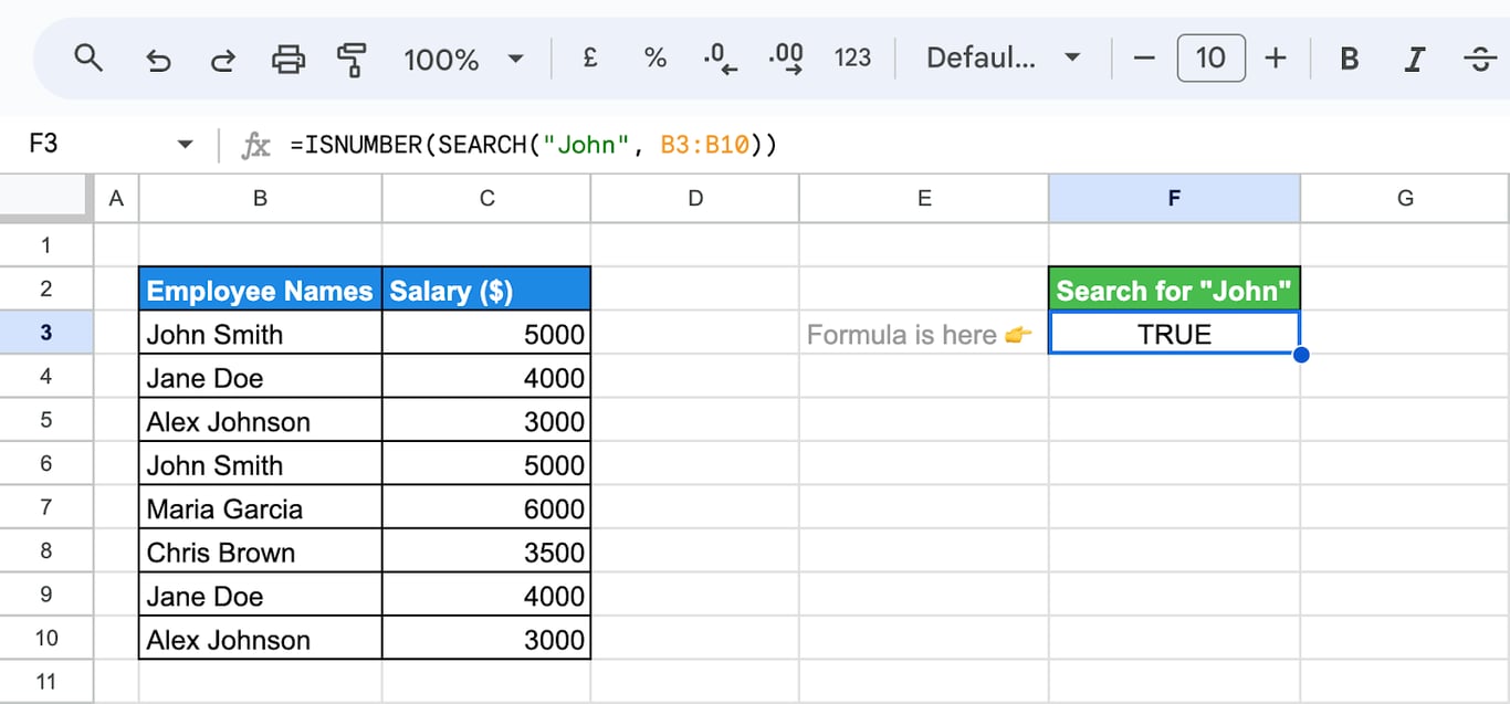 Using the SEARCH function in Google Sheets alongside ISNUMBER to check if a text string contains specific words. i-border