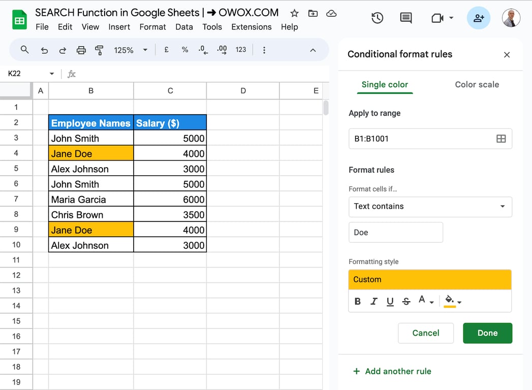Using conditional formatting to highlight cells based on the results of the SEARCH function. i-border