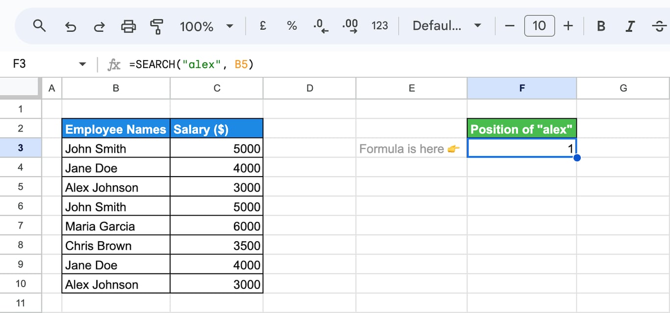SEARCH function applied in Google Sheets to locate text without considering case sensitivity. i-border