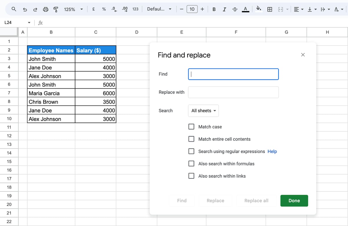 Utilizing Google Sheets’ Find and Replace feature to search and modify text data across the sheet. i-border
