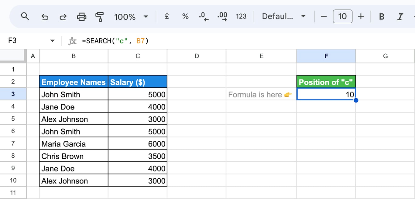 Finding the position of a particular character within a text string using the SEARCH function in Google Sheets. i-border
