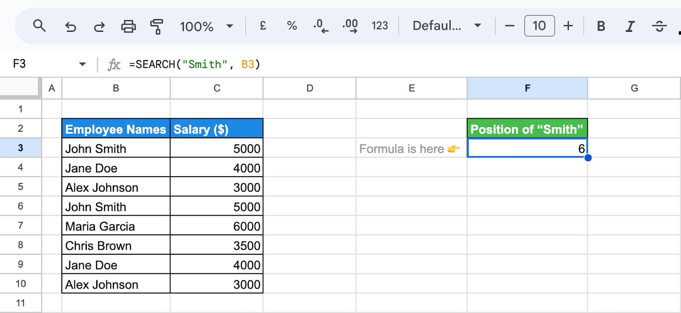 Using the SEARCH function in Google Sheets to find a specific word within a given text string. i-border