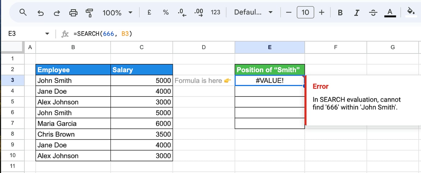 #VALUE! error shown in the SEARCH function due to incorrect input or arguments. i-border
