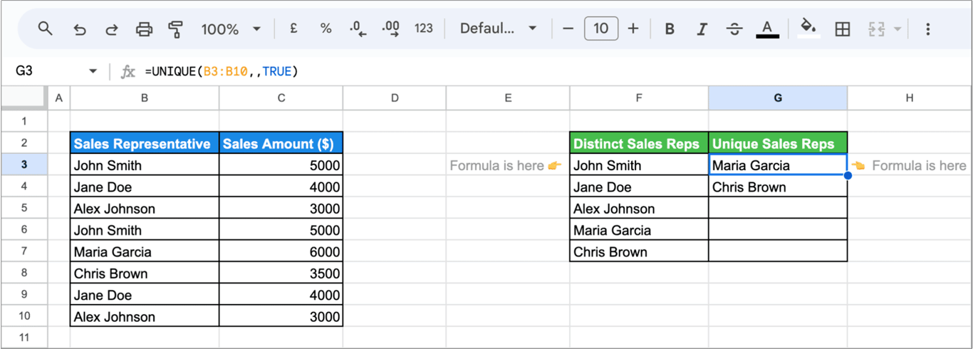 Explanation of the difference between unique and distinct values using QUERY and UNIQUE functions in Google Sheets. i-border