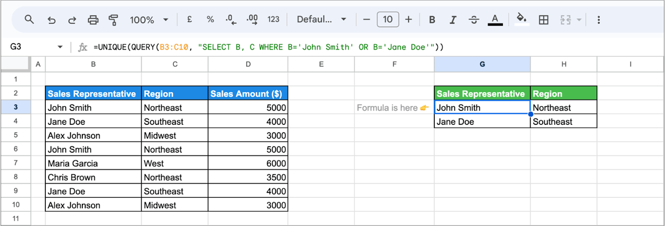Using QUERY and UNIQUE functions together in Google Sheets to filter exclusively unique rows. i-border