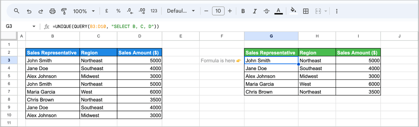 Using the UNIQUE function in Google Sheets to isolate unique values from a single column. i-border