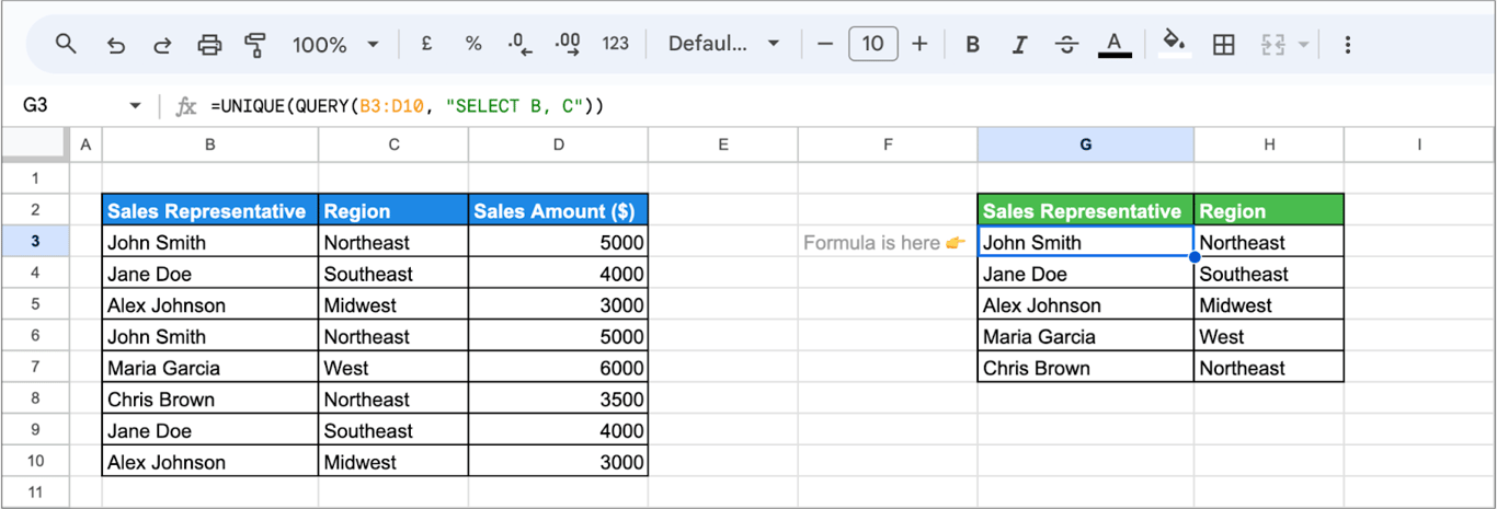 Applying the UNIQUE function in Google Sheets to extract unique combinations across multiple columns. i-border
