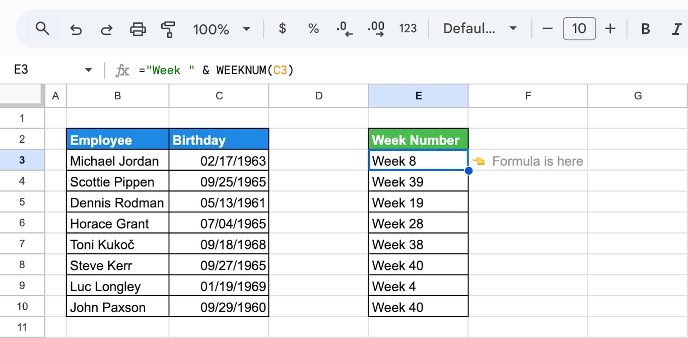 Formatting the week number in Google Sheets using concatenation to display “Week “ combined with the result of WEEKNUM. i-border