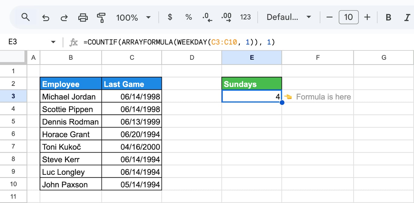 Counting the total number of Sundays in a date range using the COUNTIF and ARRAYFORMULA with the WEEKDAY function in Google Sheets. i-border